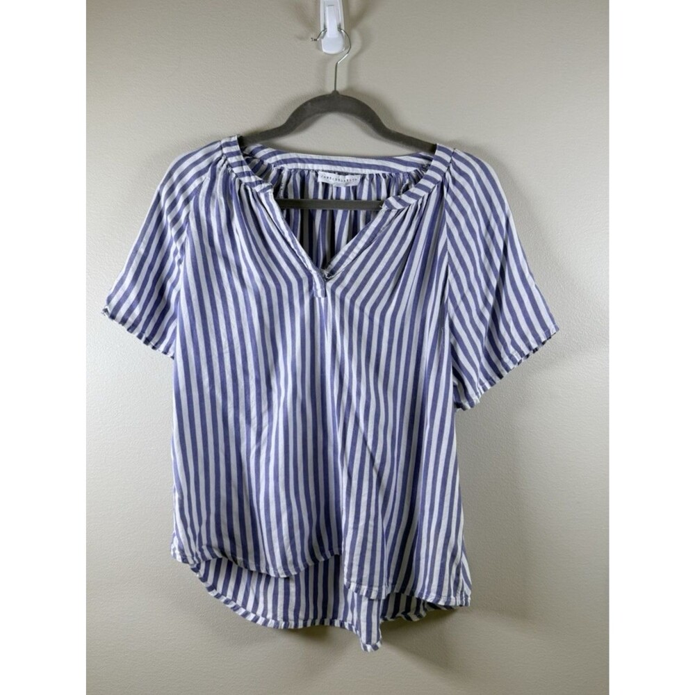 Jane + Delancey Womens Blue/White Striped V-Neck Short Sleeve Blouse - S